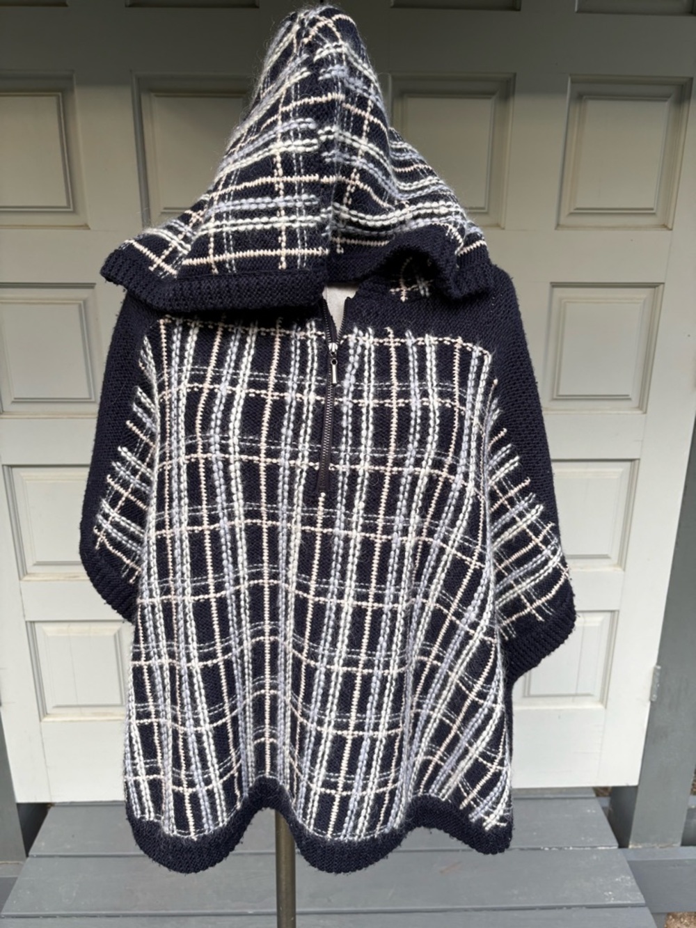 Pringle 1815 Scotland Plaid Navy Wool Textured Hooded Sweater~ Poncho